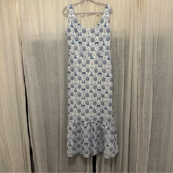 KJP Kiel James Patrick Sea Garden Maxi Dress Sz 8 blue white linen nautical sea - Picture 6 of 15